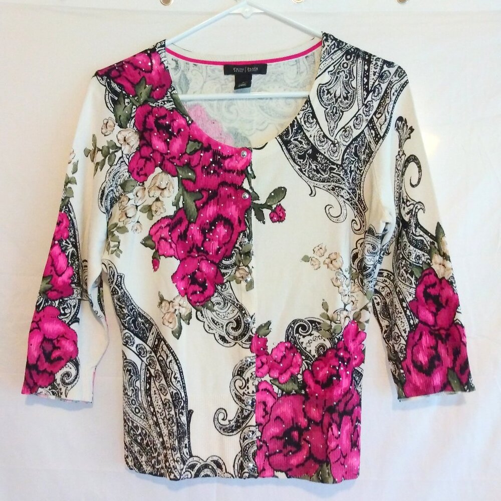 White House Black Market Rhinestone Floral Cardigan S Boho Chic Cottagecore - Picture 2 of 9